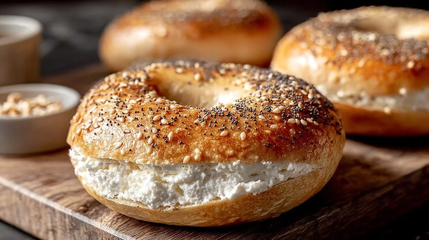 Homemade two ingredient bagel made with cottage cheese on a wooden table.