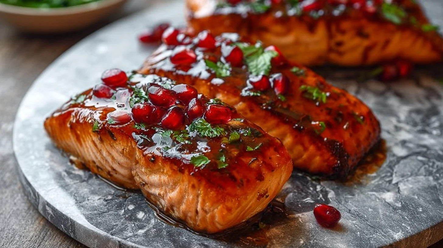 Delicious air fryer pomegranate glazed salmon with a vibrant glaze.