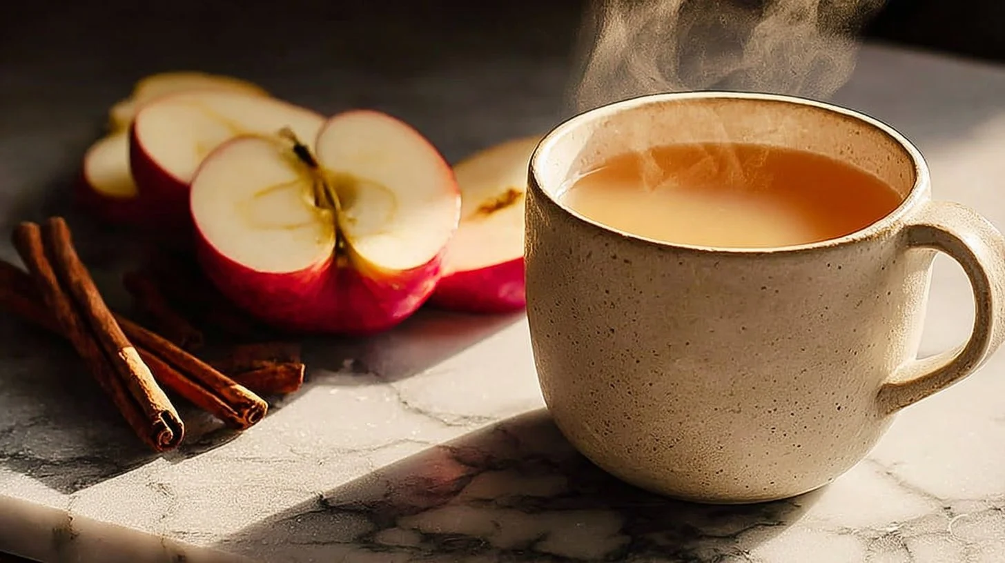 A cup of apple peel tea with fresh apple peels, promoting weight loss and health benefits.