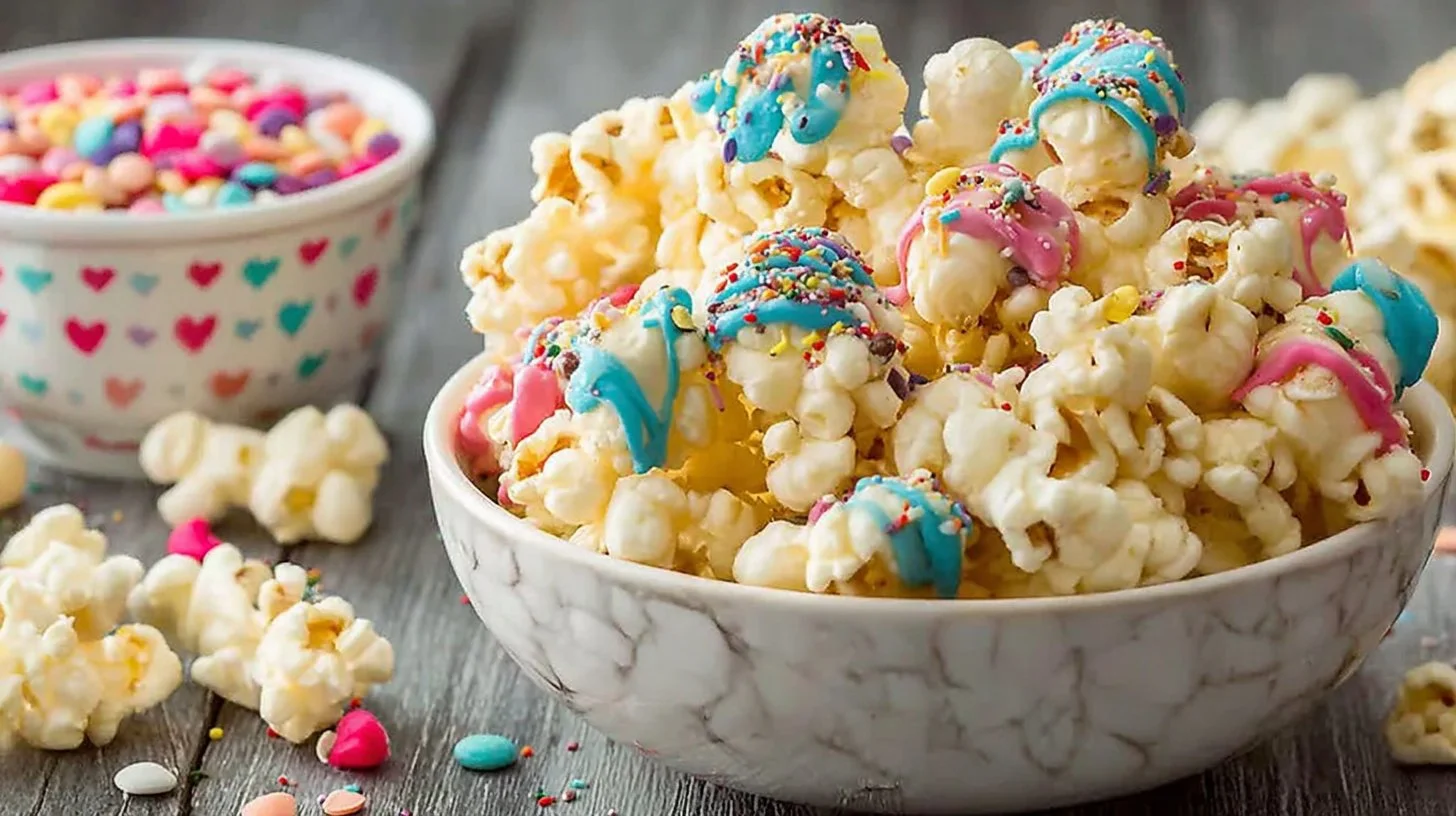 Colorful birthday cake popcorn in a bowl for celebration treats