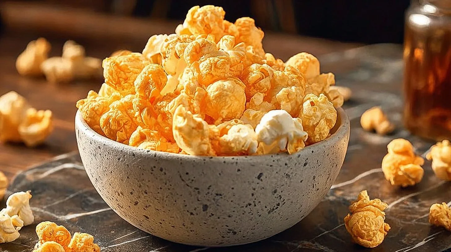 Delicious cheddar cheese popcorn served in a bowl, perfect snack for movie night.