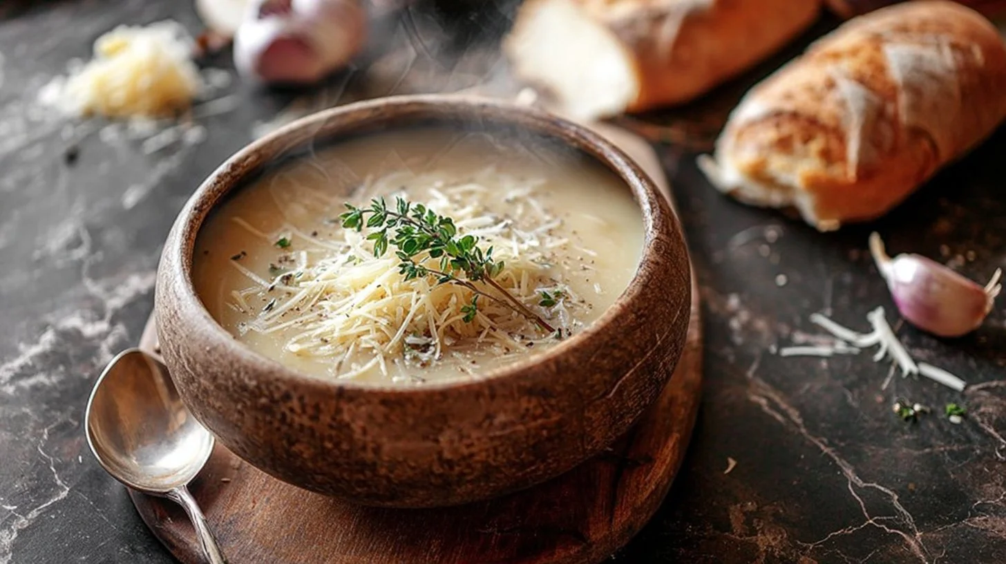 Bowl of creamy Cheddar Garlic Herb Potato Soup garnished with herbs.