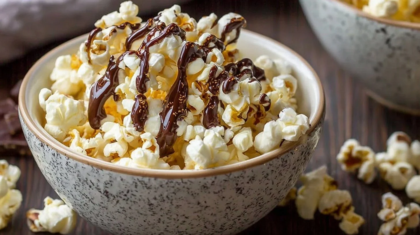 Delicious chocolate drizzled popcorn in a bowl, perfect for snacking.