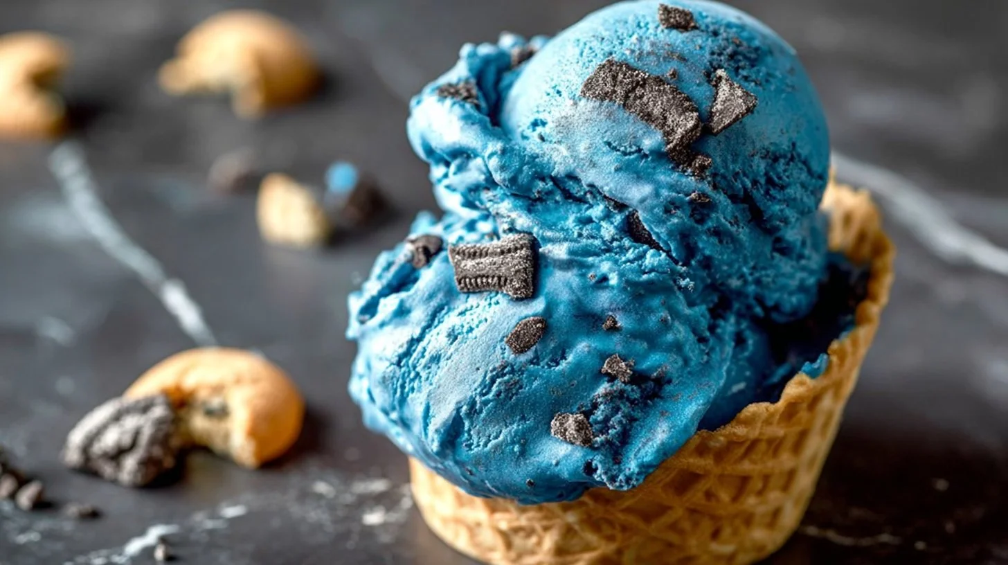 Delicious Cookie Monster Ice Cream with cookies and blue swirls