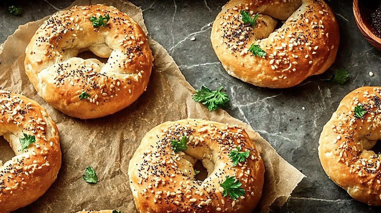 Freshly baked cottage cheese bagels on a wooden board