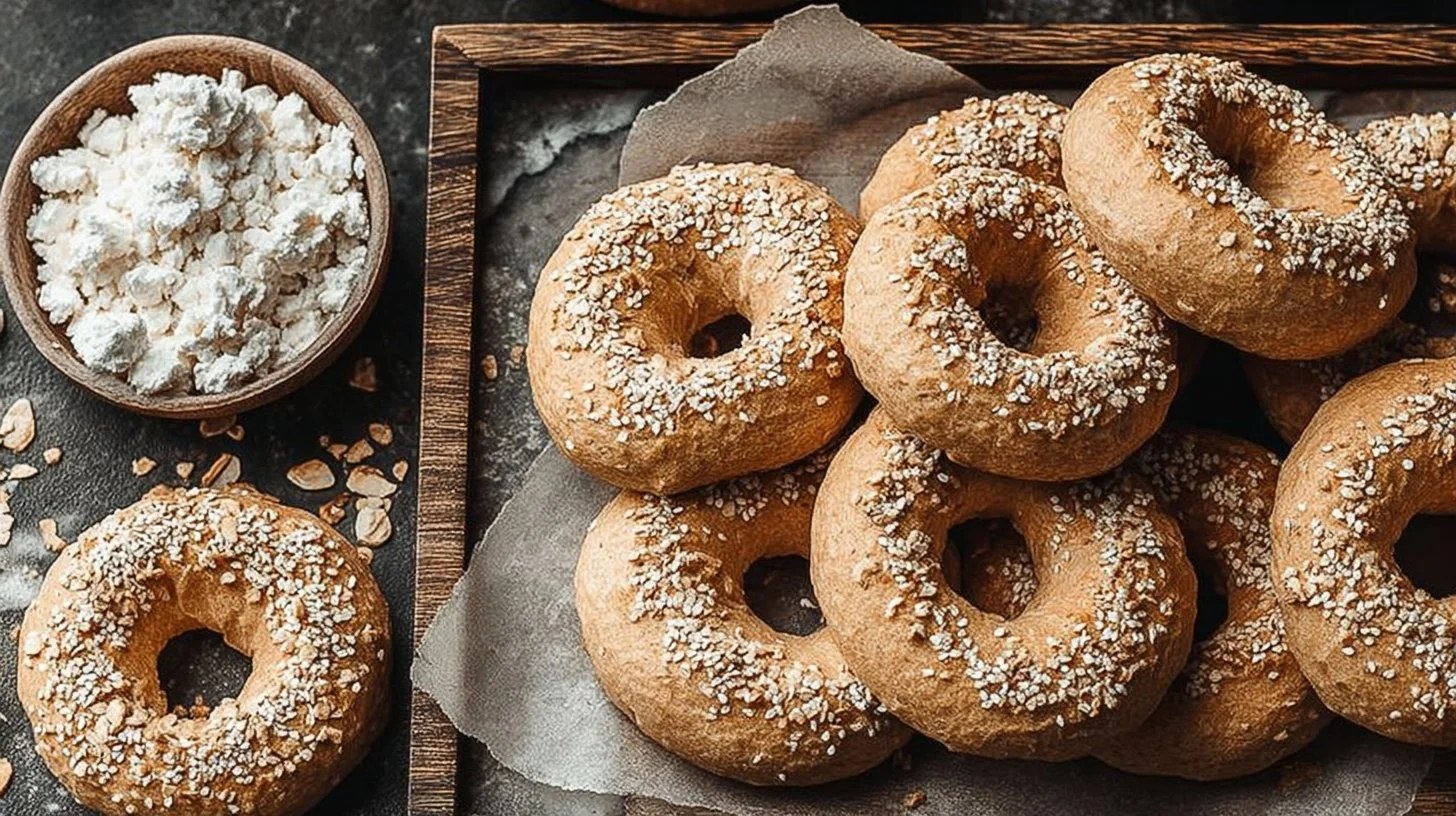Healthy cottage cheese bagels made with almond flour on a wooden board.