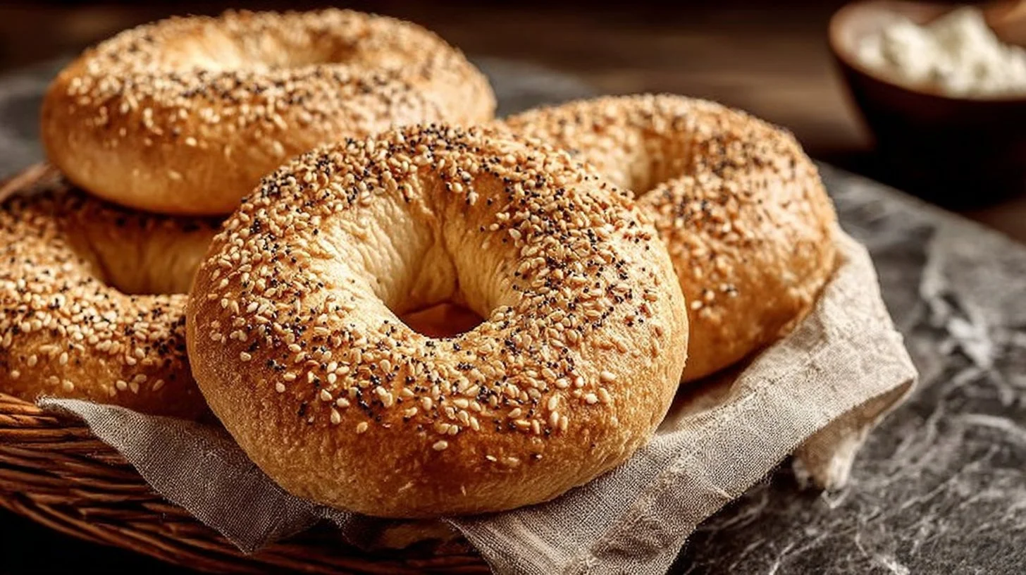 Cottage cheese gluten-free bagel with toppings on a wooden table