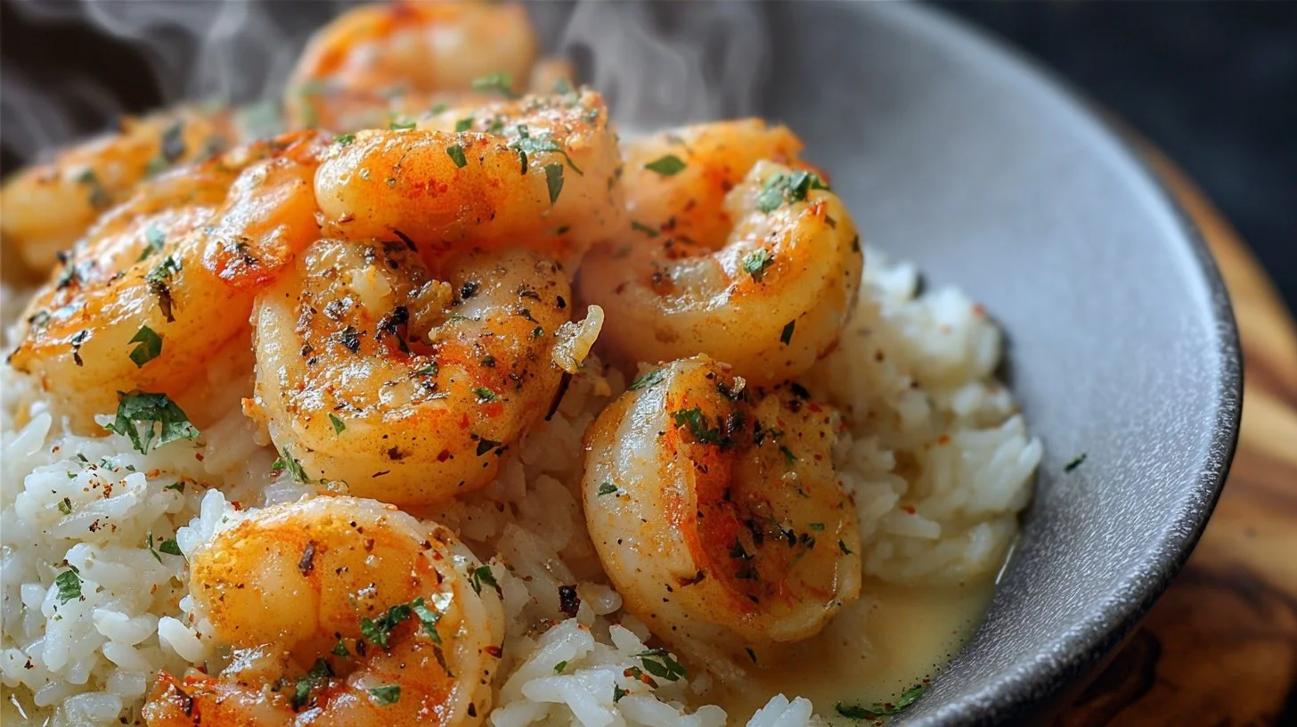 Creamy garlic butter shrimp served over rice in a vibrant dish