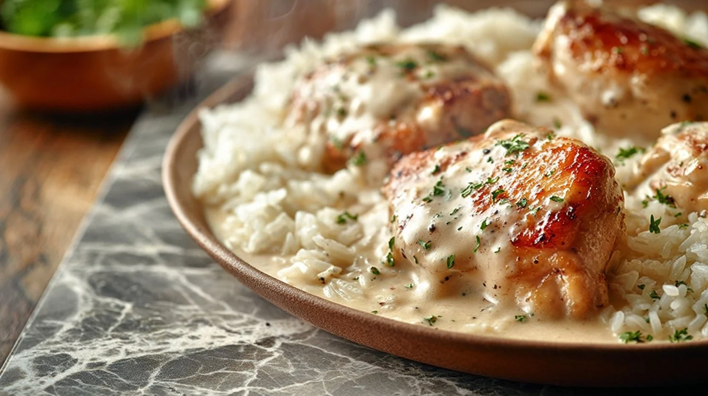 Creamy smothered chicken served over fluffy rice for a comforting meal