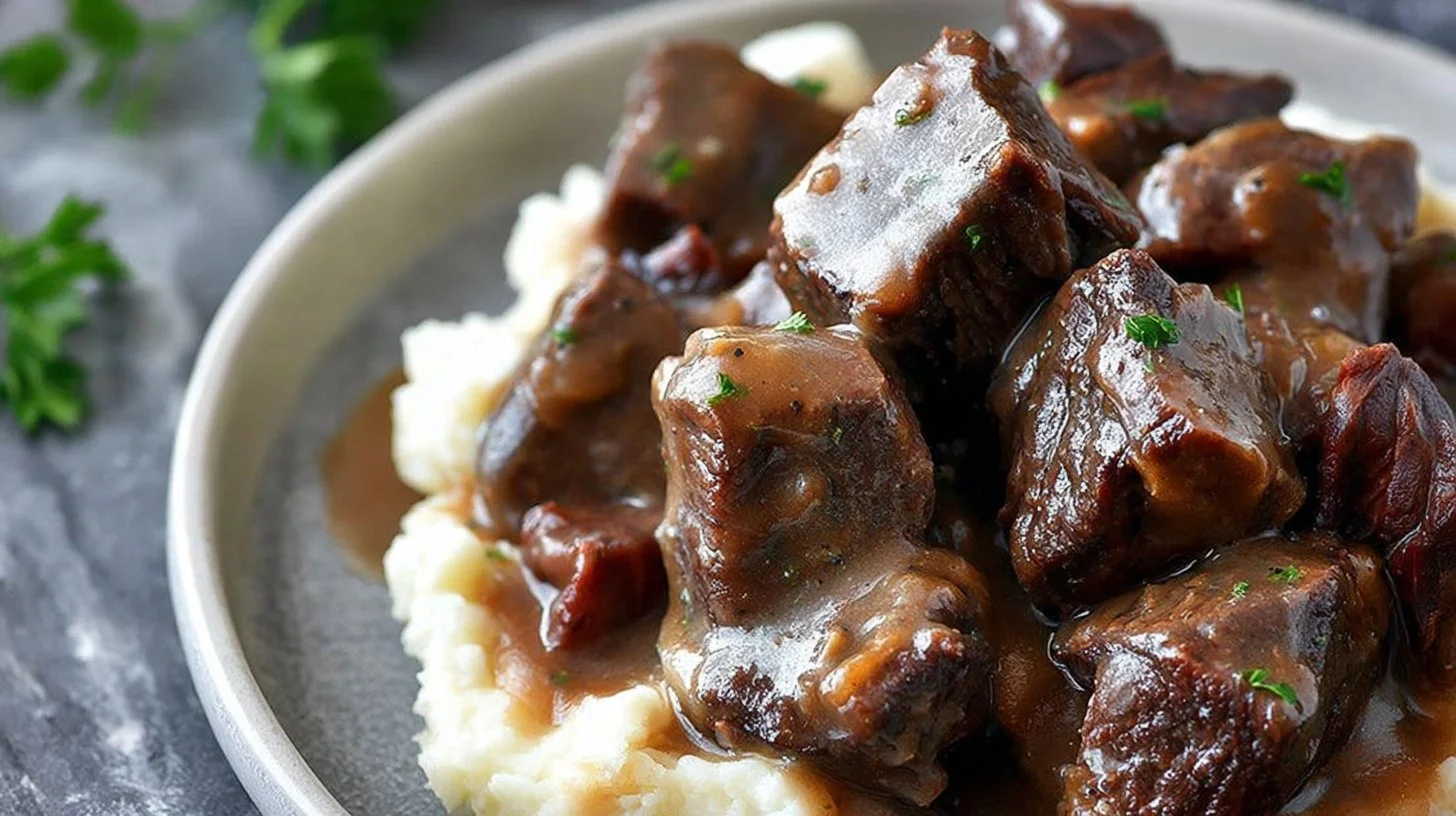 Delicious crockpot steak bites served in a bowl with garnish
