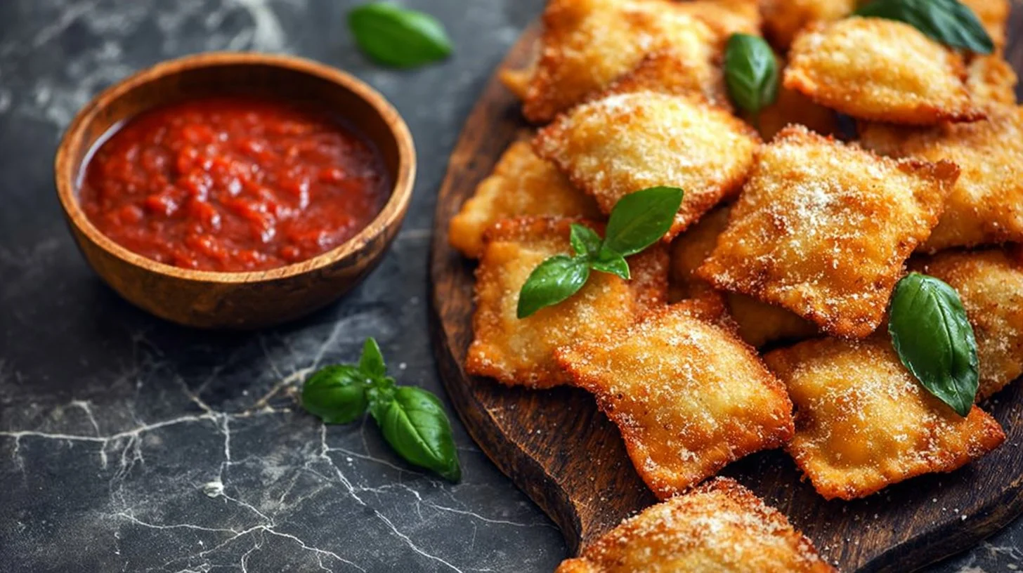 Plate of crispy deep fried ravioli served with marinara sauce