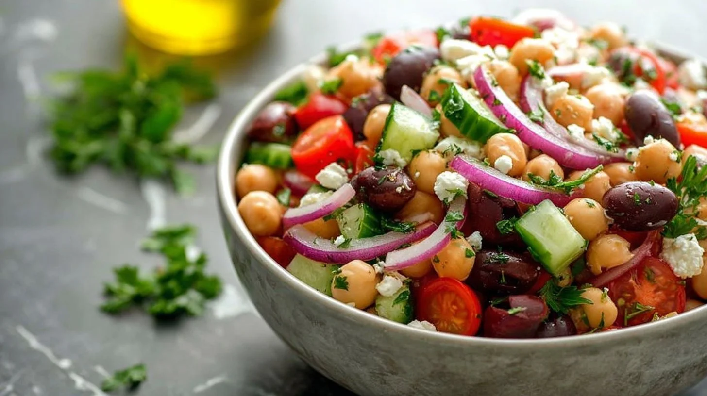 Bowl of colorful dense bean salad with fresh vegetables and herbs