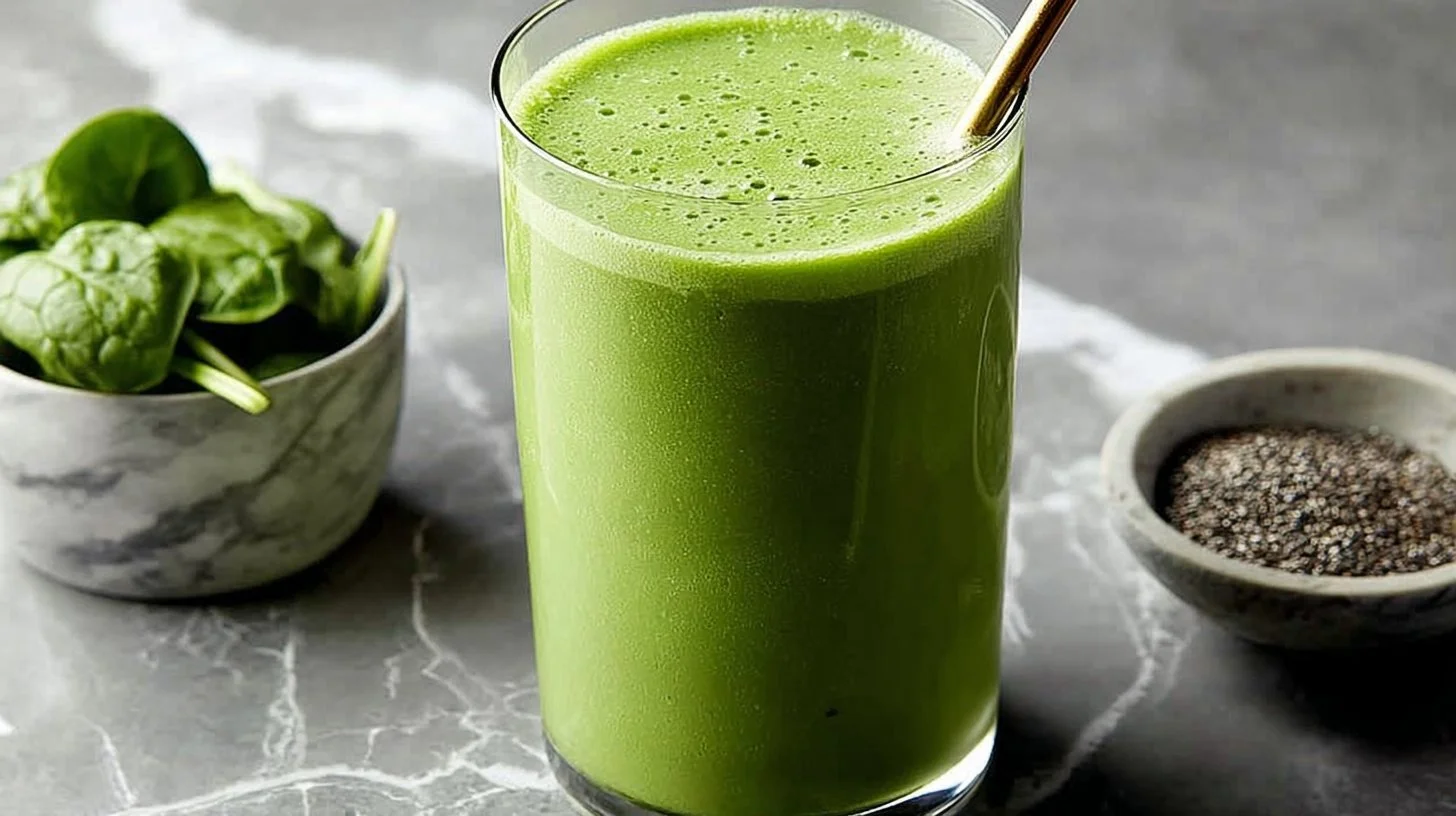 Detox Island Green Smoothie with tropical fruits and greens in a glass
