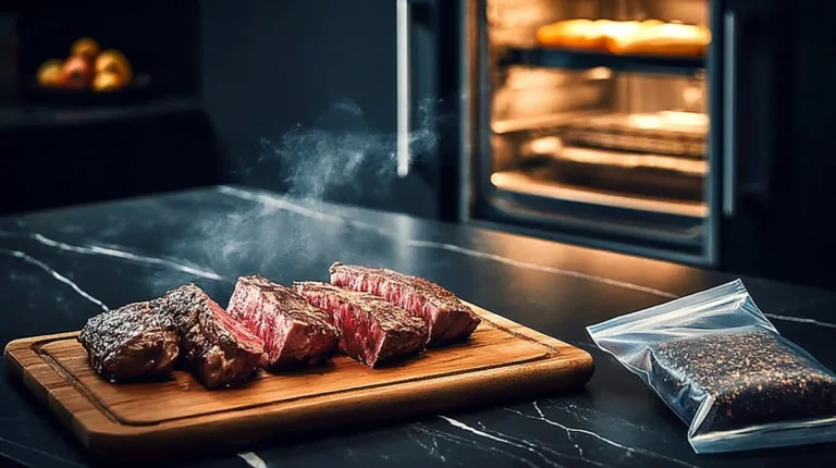 Dishwasher sous vide steak cooked to perfection in a kitchen appliance.