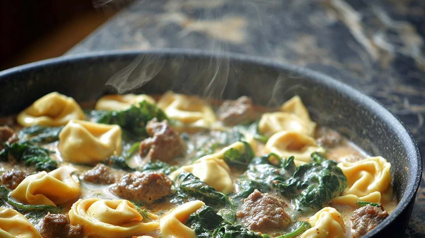 Delicious Garlic Butter Beef with Spinach Tortellini in a creamy sauce