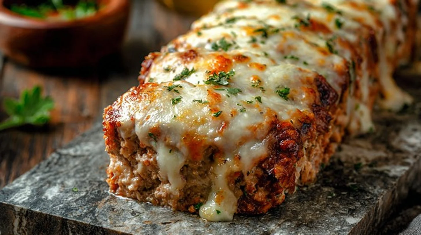 Garlic Parmesan Chicken Meatloaf served with herbs on a plate