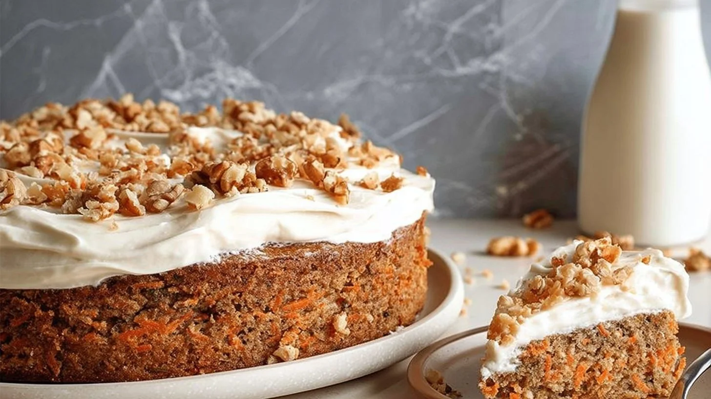 Delicious gluten-free carrot cake topped with cream cheese frosting.