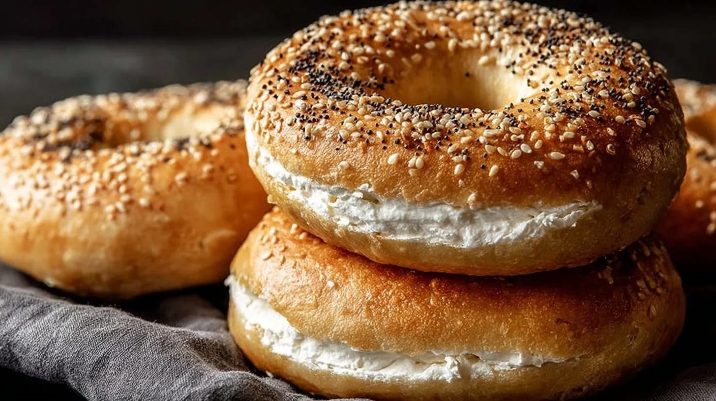 Homemade high protein cottage cheese bagels on a wooden board