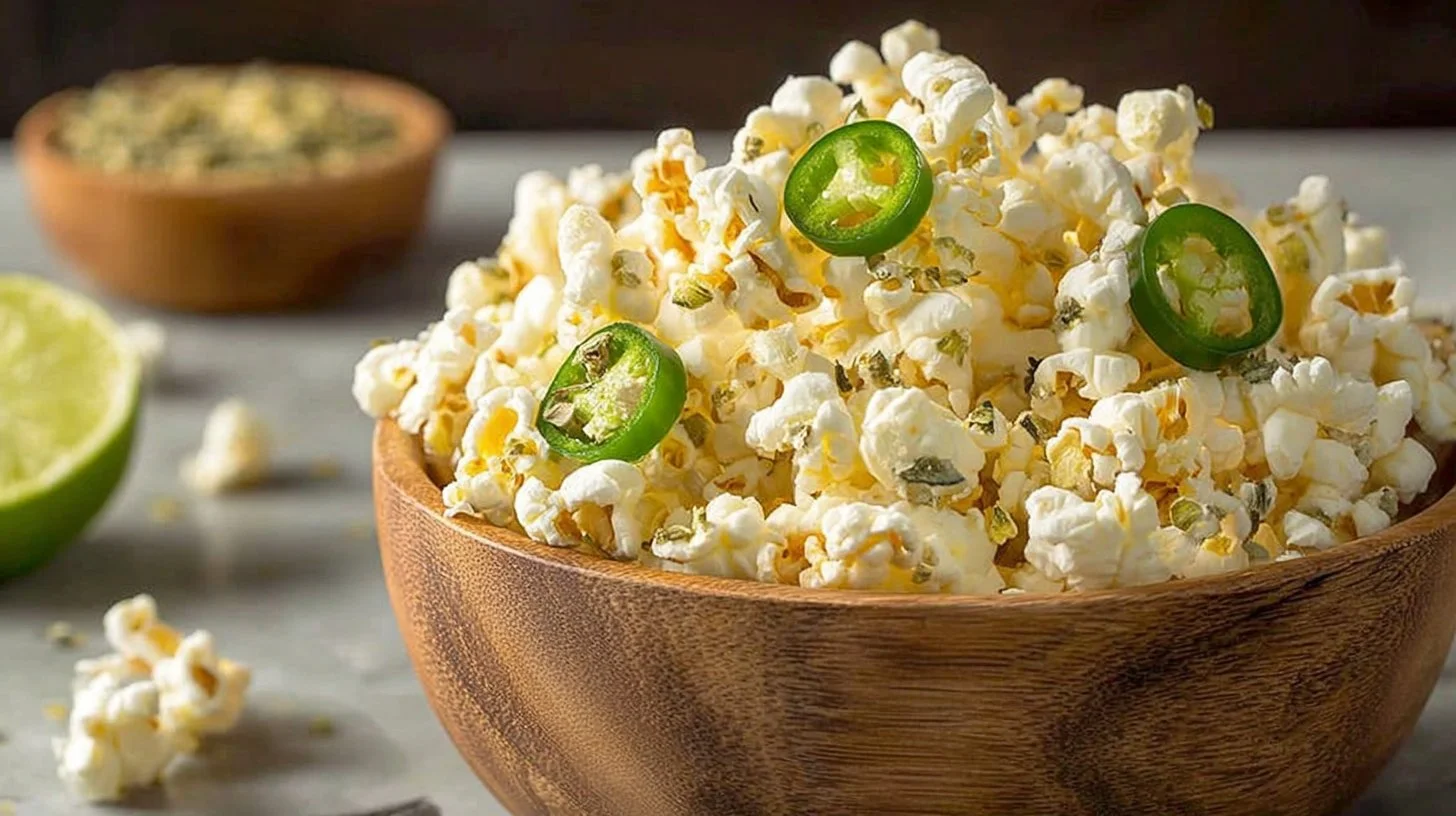 Spicy jalapeño popcorn with vibrant green peppers for a flavorful snack