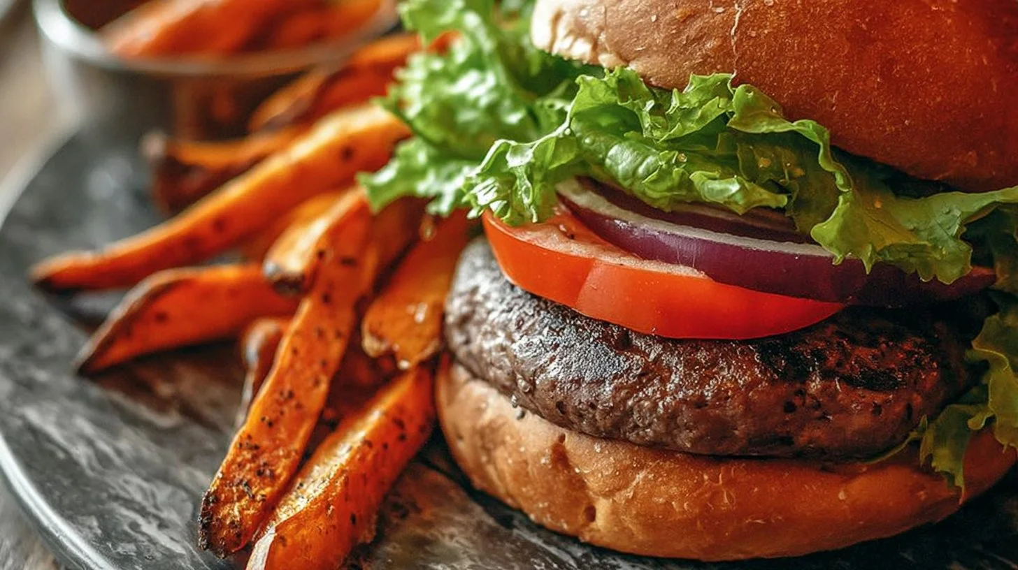 Delicious gluten-free juicy burger garnished with fresh toppings
