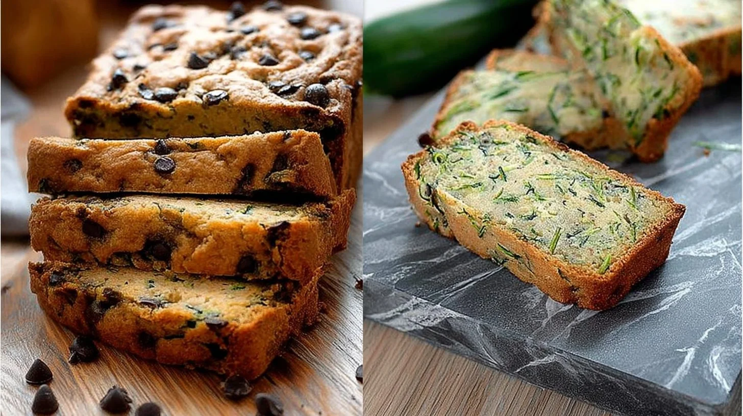 Loaf of Keto Zucchini Bread on a wooden table with slices cut.