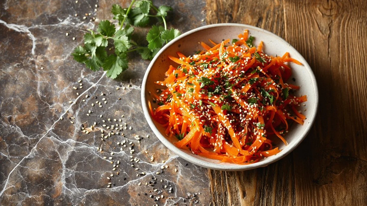 Bowl of Korean Carrot Salad with fresh vegetables and a vibrant dressing
