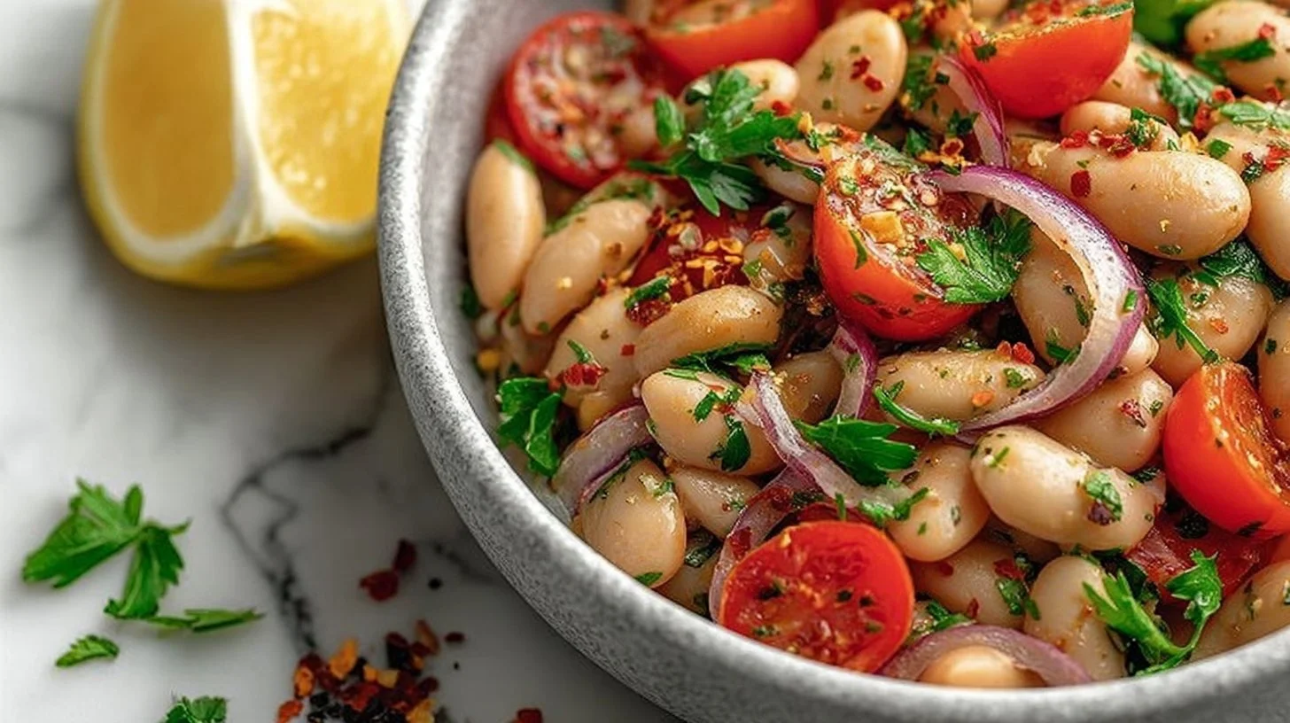 A vibrant bowl of Marinated Zaatar Bean Salad with fresh herbs and spices