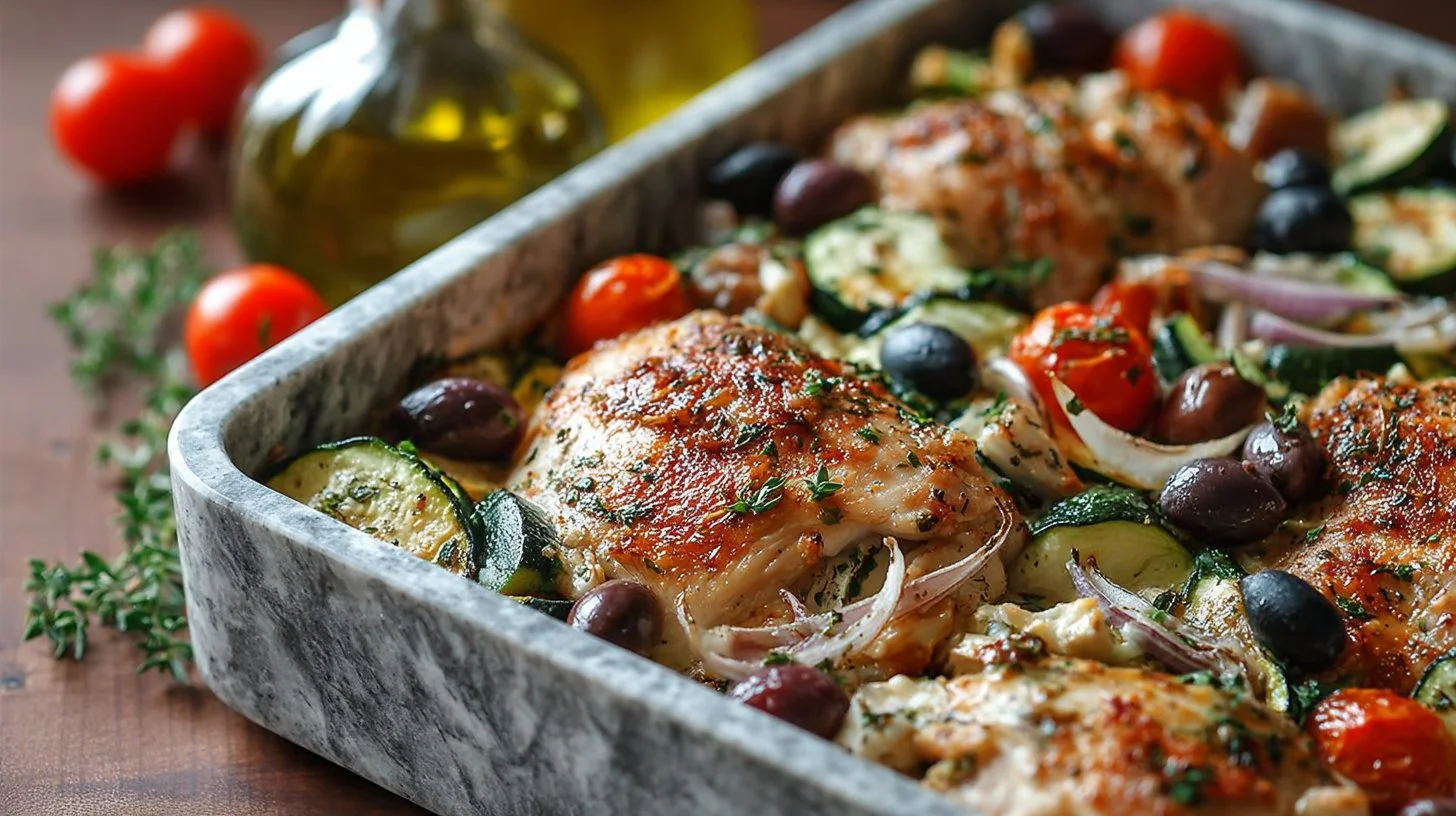 Mediterranean Chicken Zucchini Bake topped with cheese and herbs