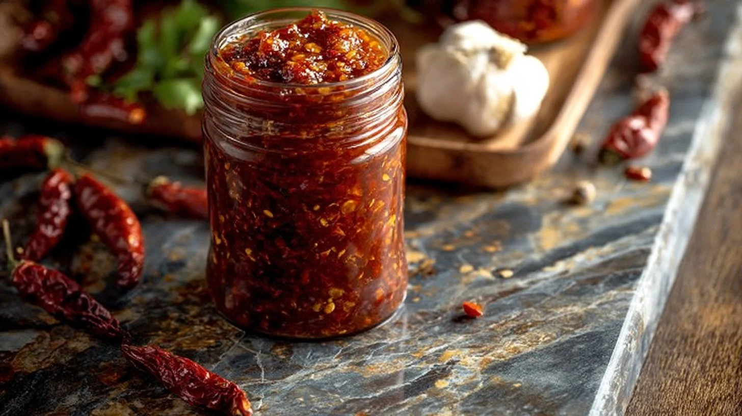 Bottle of spicy Mexican hot sauce with fresh chili peppers and herbs.