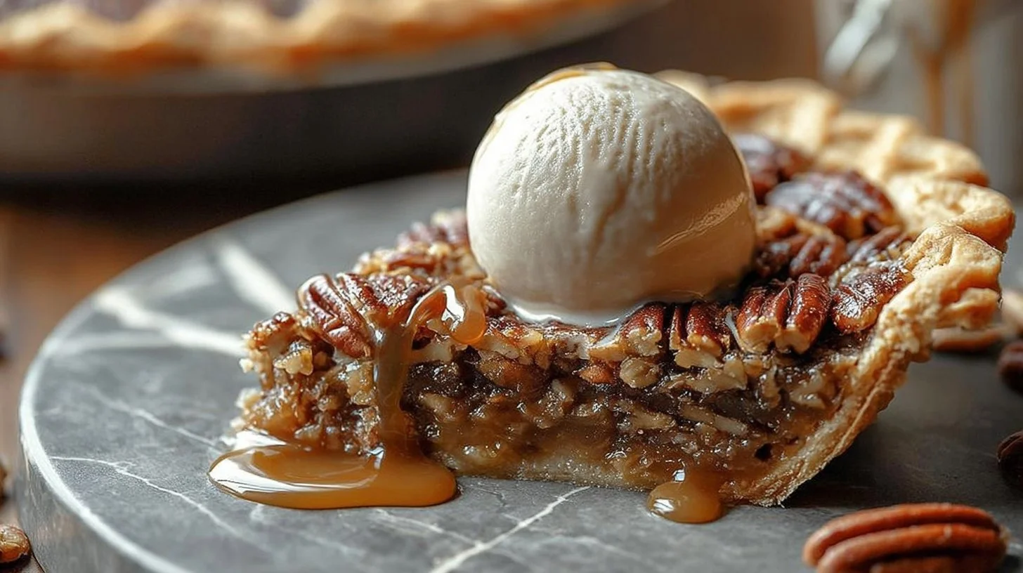 Delicious pecan pie dump cake served on a plate with pecans on top