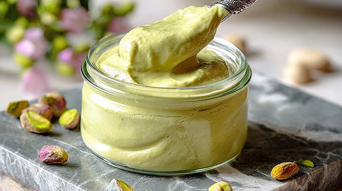 Delicious homemade pistachio cream in a jar with nuts and a spoon.