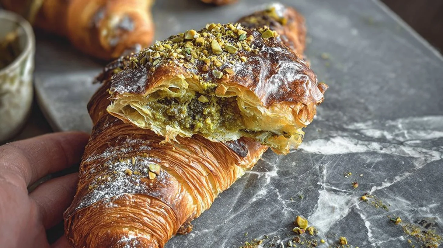 Freshly baked pistachio croissant with a creamy filling
