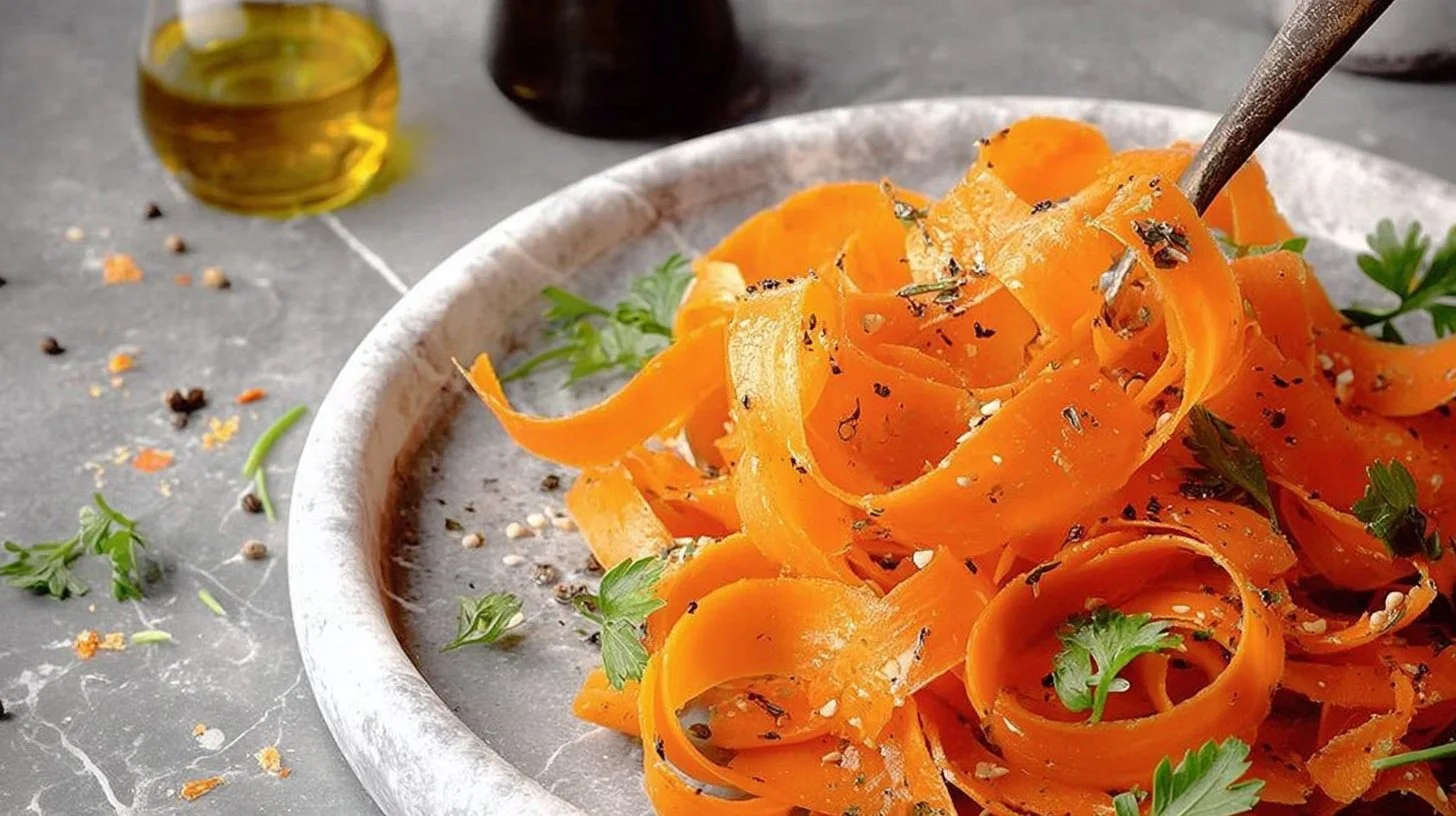 Colorful quick carrot ribbon salad with fresh vegetables and dressing