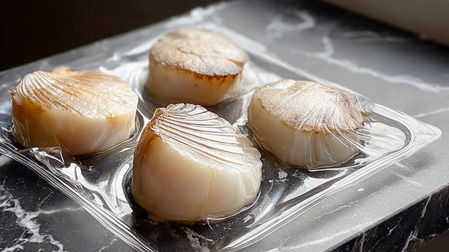 Delicious scallops sous vide prepared from frozen, served beautifully.