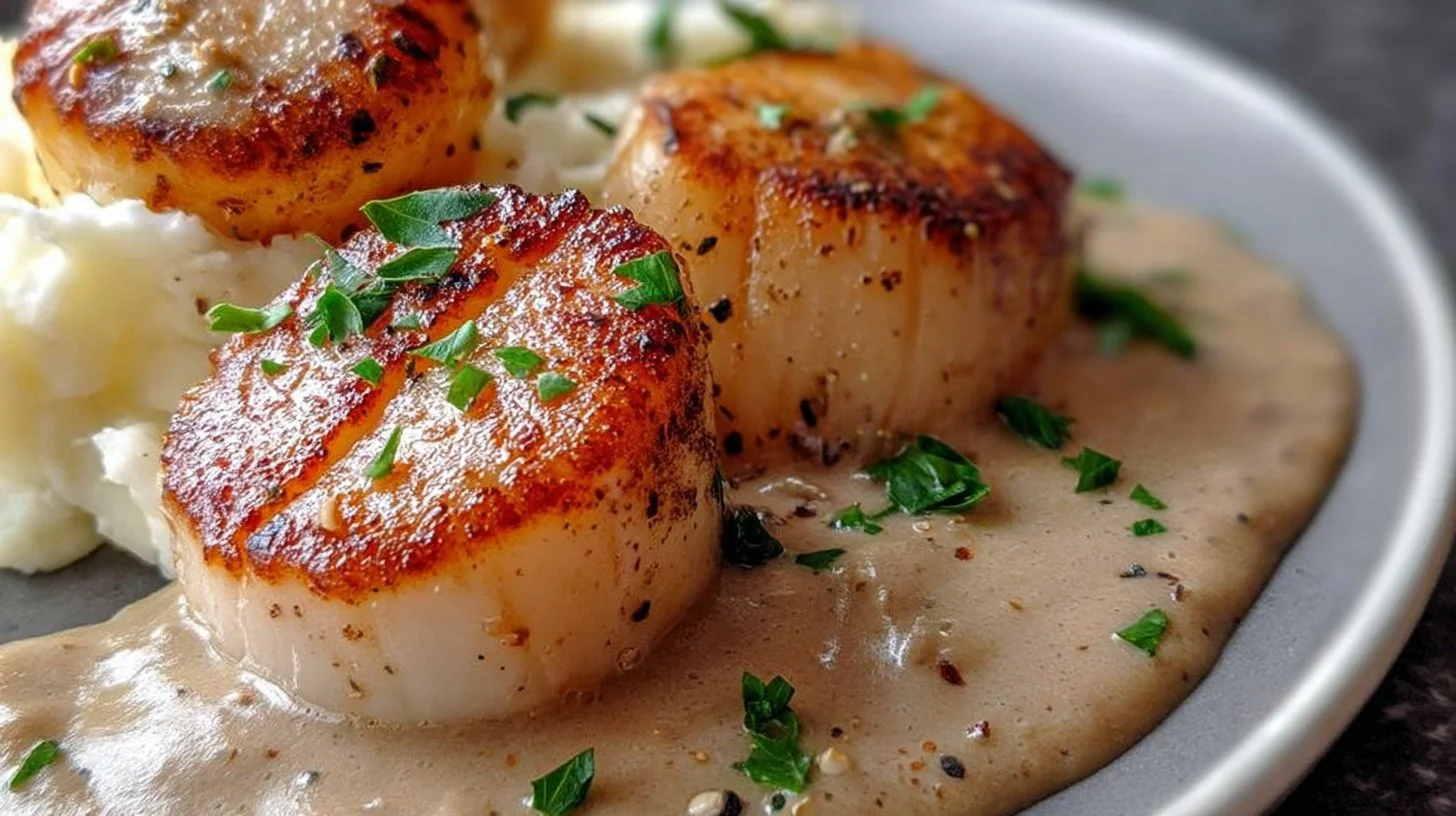Delicious seared scallops served with spicy Cajun cream sauce on a plate