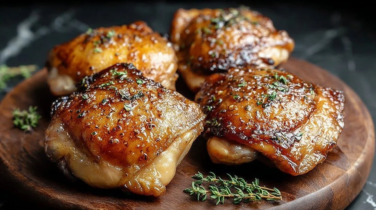 Tender sous vide chicken thighs on a plate with herbs and seasoning