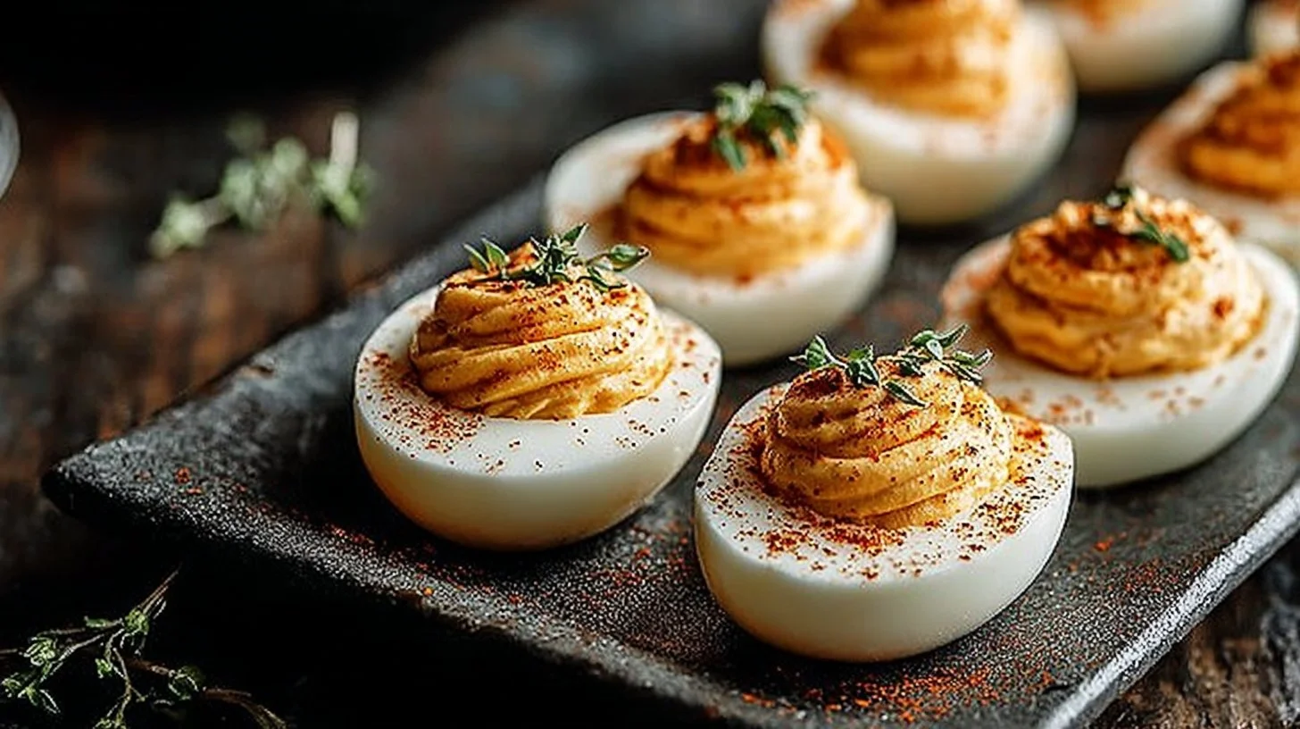 Plated sous vide deviled eggs garnished with herbs