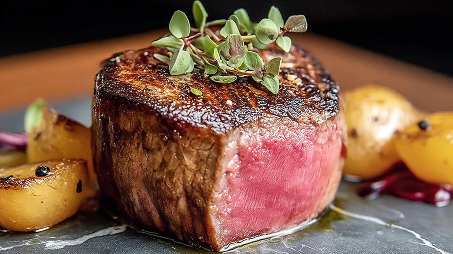 Perfectly cooked sous vide filet mignon served on a plate with garnishes.