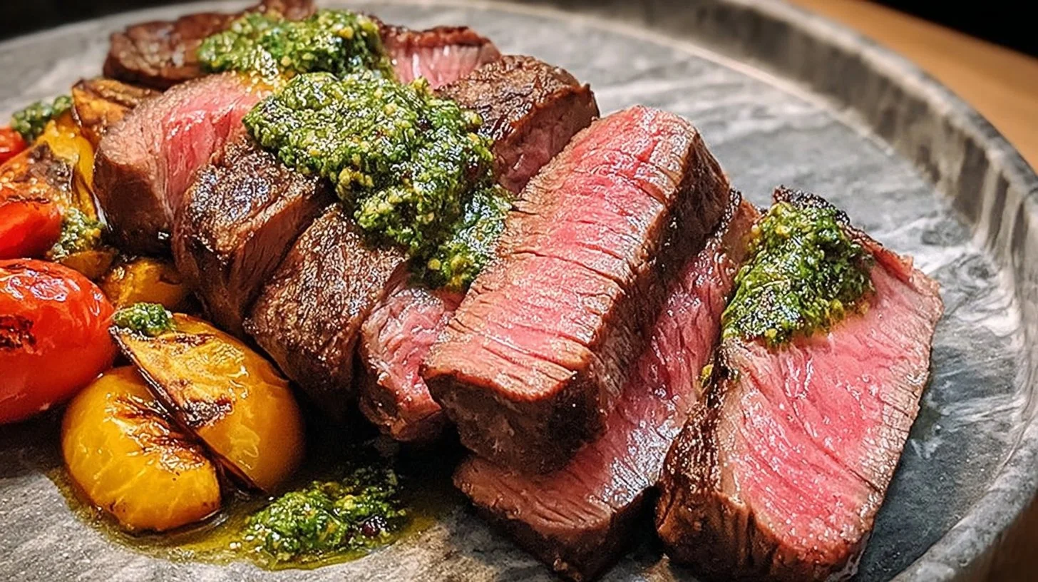 Perfectly cooked sous vide flank steak on a cutting board, ready to serve