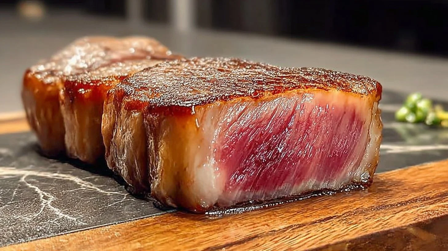 Perfectly cooked sous vide ribeye steak on a platter with herbs and spices.