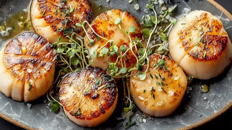 Perfectly cooked sous vide scallops on a plate with garnish