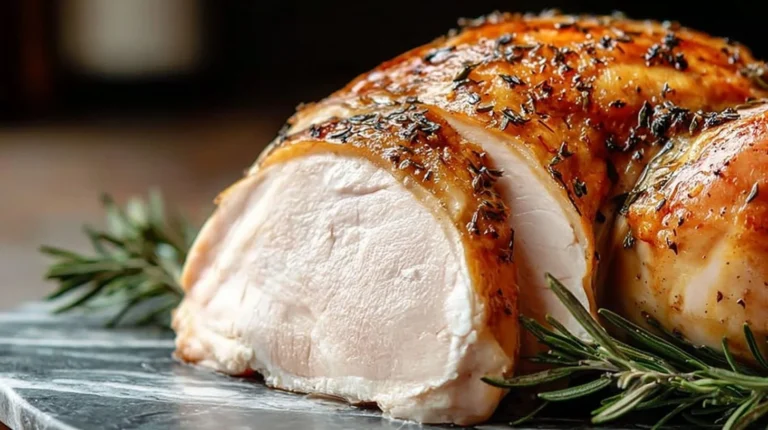 Perfectly cooked sous vide turkey breast served with garnish.