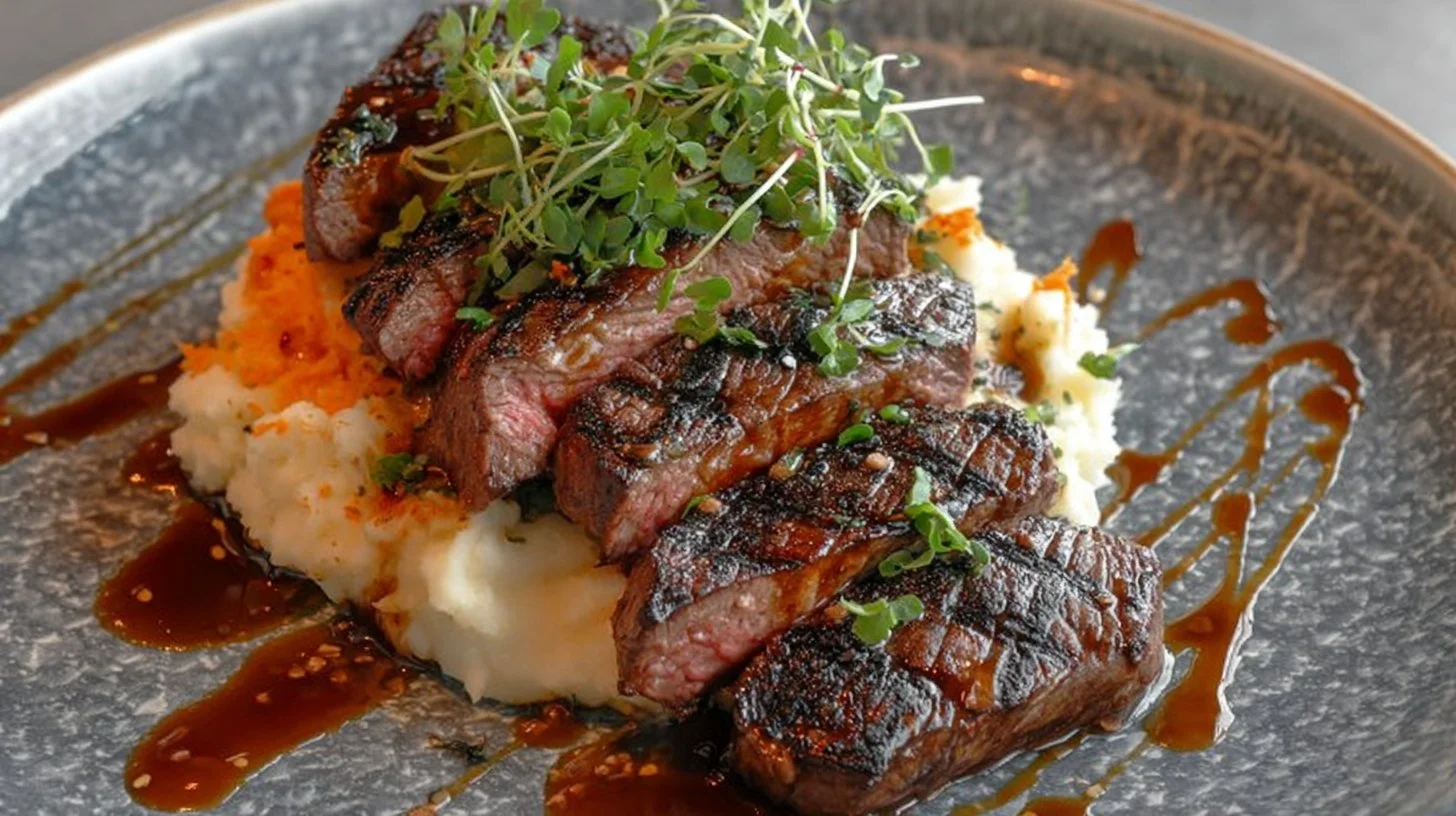 Delicious steak served on creamy mashed potatoes for comfort food bliss.