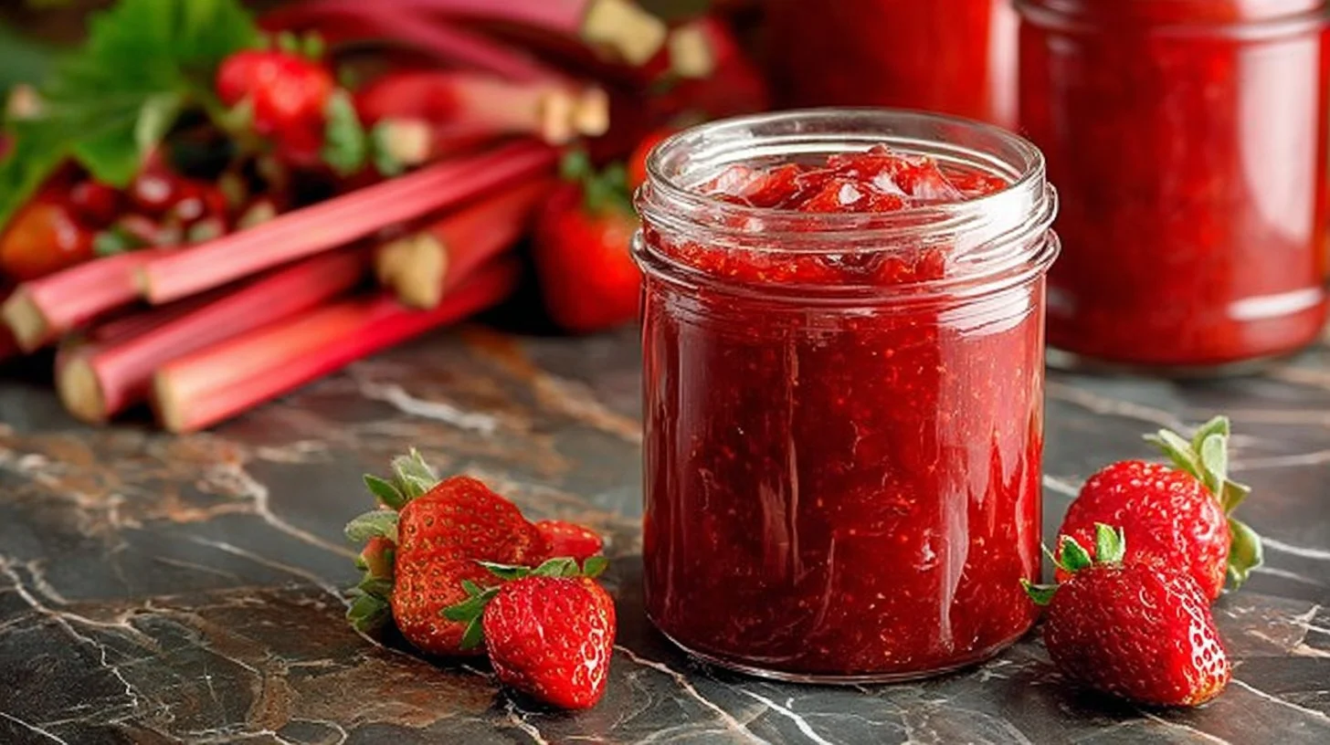 Homemade Strawberry Rhubarb Jam in a jar with fresh strawberries and rhubarb