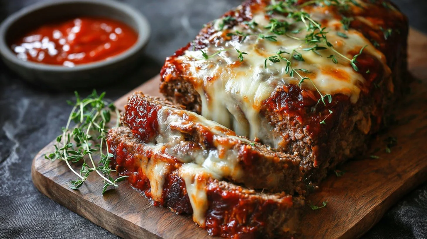 Delicious stuffed Italian meatloaf served with marinara sauce and herbs.