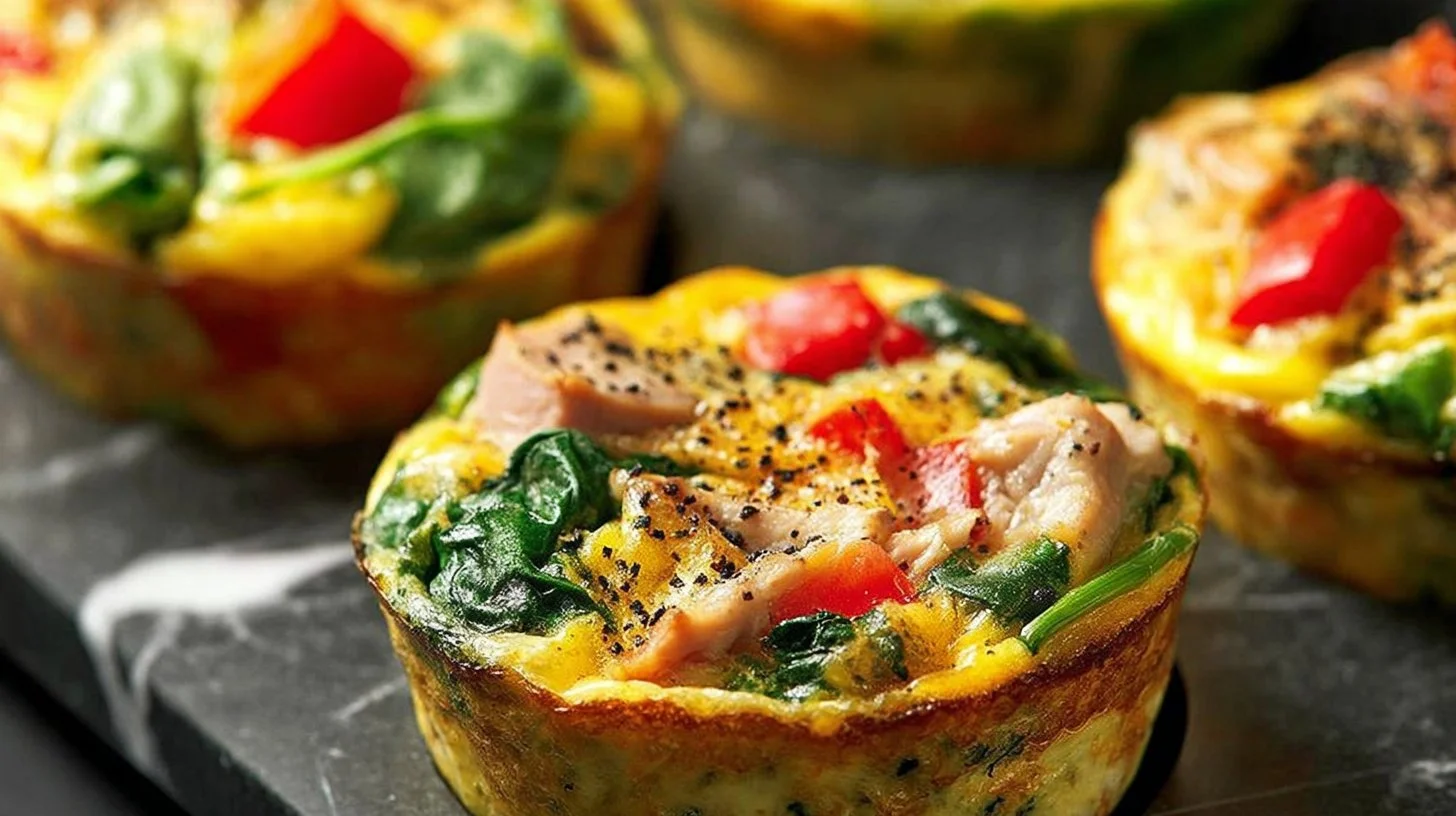 Turkey Veggie Egg Muffins with vegetables and turkey in muffin tins.
