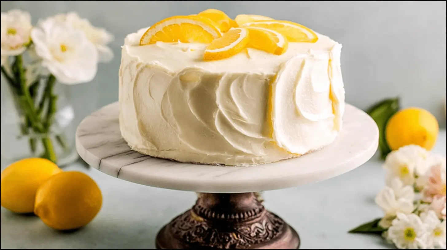 Elegant round lemon cake with creamy frosting and fresh lemon slices, showcasing a delightful lemon cake recipe.
