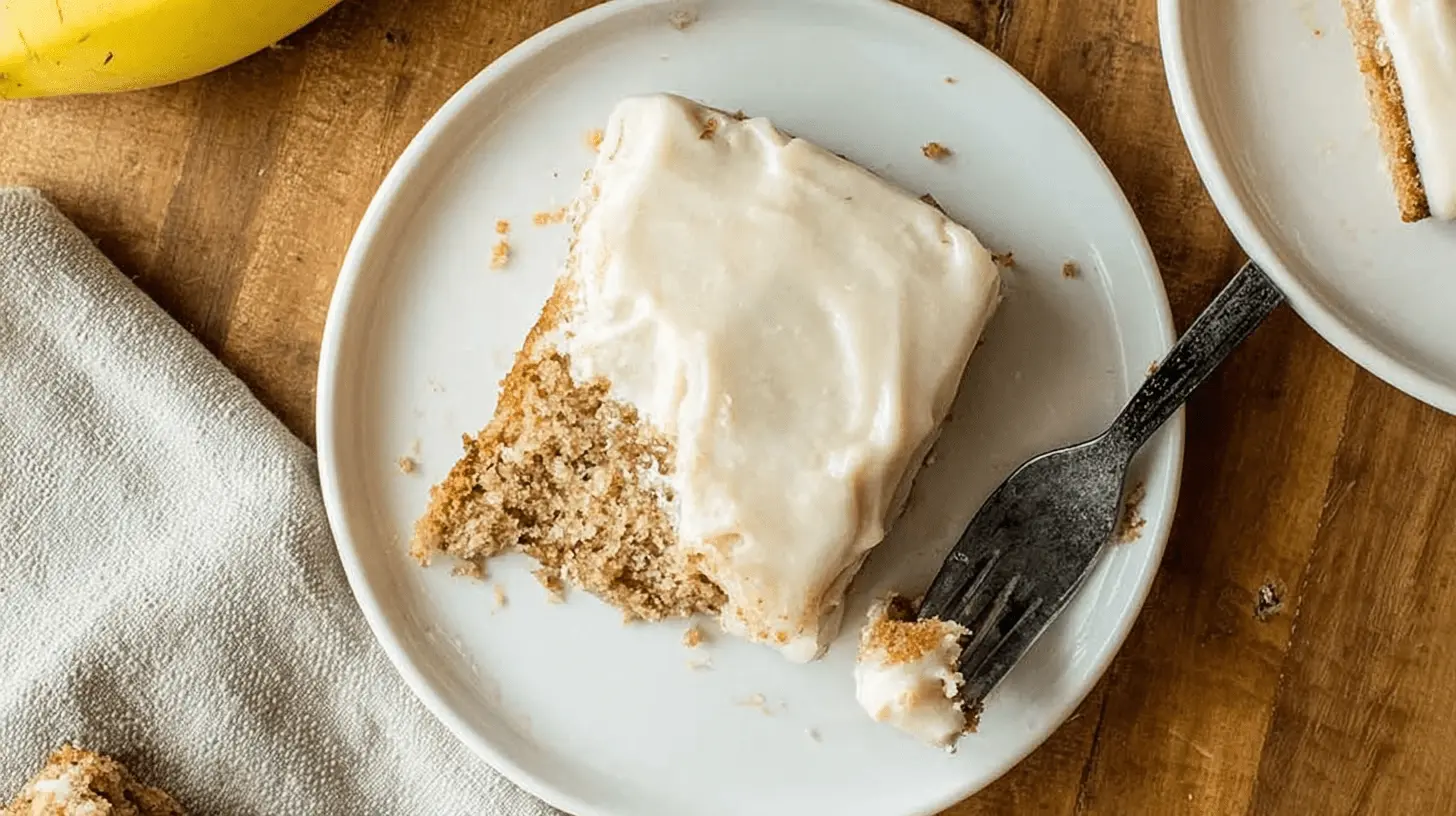A delicious, partially eaten slice of moist banana cake with cream cheese frosting on a white plate, shot from an overhead perspective.