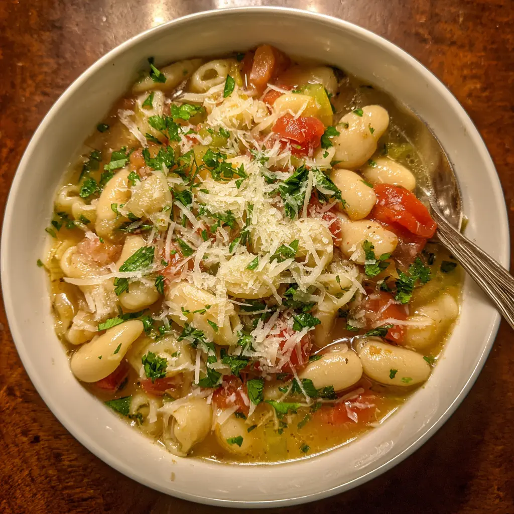A comforting bowl of Christmas Lima Bean Macaroni Soup, garnished with grated cheese and fresh herbs, presented from a top-down view.