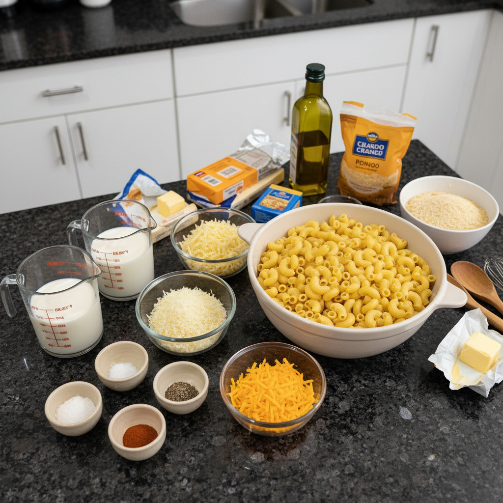 christmas-mac-and-cheese-recipe-ingredients A collection of fresh and colorful ingredients laid out for a delicious Christmas mac and cheese recipe, including cheeses and pasta.